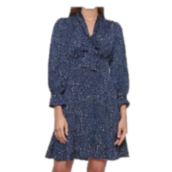 BNWT DKNY Navy Printed Tie Neck Bishop-Sleeve Mini (6) - Picture 1 of 12